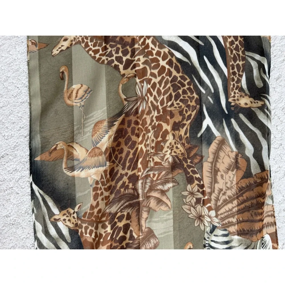 Safari Animal Print Sheer Shawl Giraffe Zebra Flamingo Olive Green